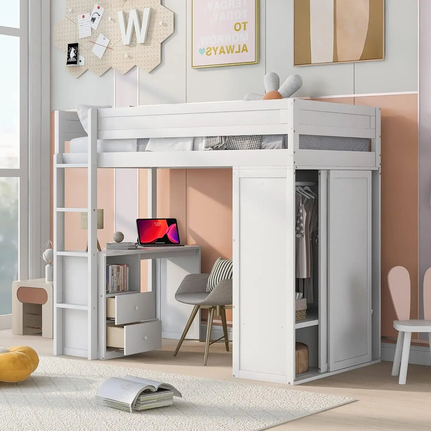 Loft Bed Twin with Desk and Wardrobe, Storage Design with Drawers & Cabinet, Wood Loft Bed Frame for Adult, Teen Girls & B