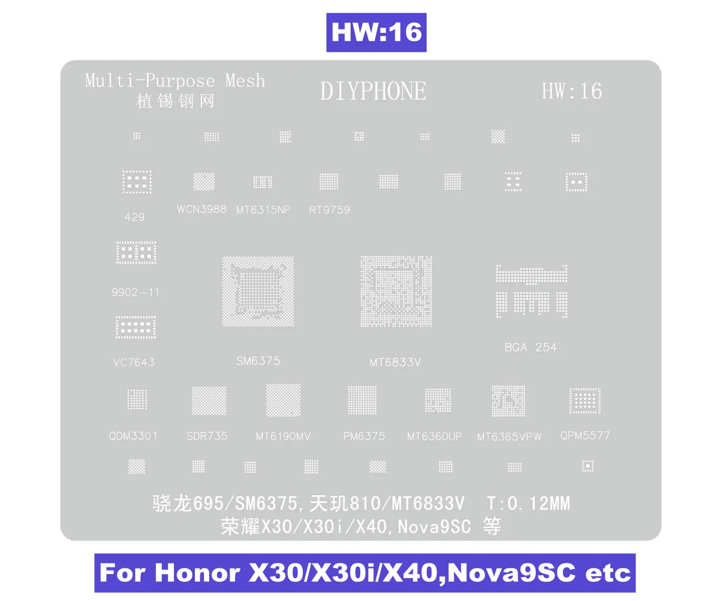 Plantilla de Reballing HW1-18 BGA, Kirin 9000S HI36A0 para Huawei Mate 60/60Pro/60RS/X5/Honor X30 /V20/Magic 2 CPU RAM IC Steel Mesh