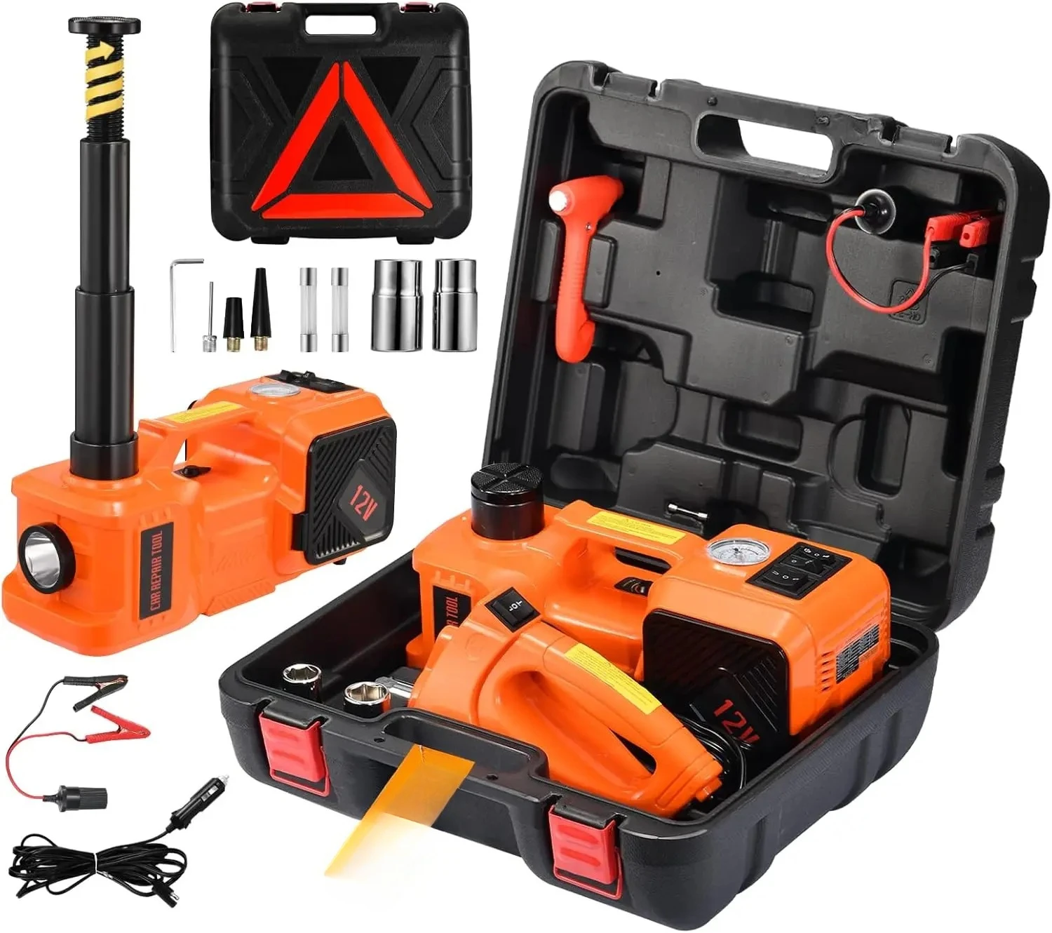 Electric Car Jack Kit 5 Ton 12V Floor Jack Portable Hydraulic Car Jack with Impact Wrench and Tire Inflator Pump With LED Lights