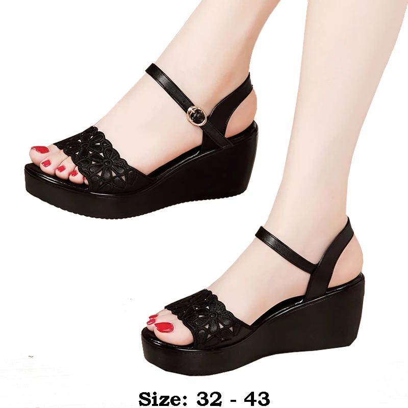 

High quality summer leather wedge sandals for women 6cm mid heel new 2024 size 32 33 42 43 platform open toe elegant shoe black