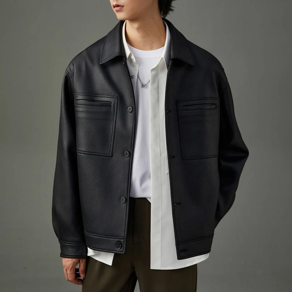 Spring New Male Solid Color Long-Sleeve Leather Jacket American Retro Fashion Trendy High Street Loose Casual Simple Men's Top