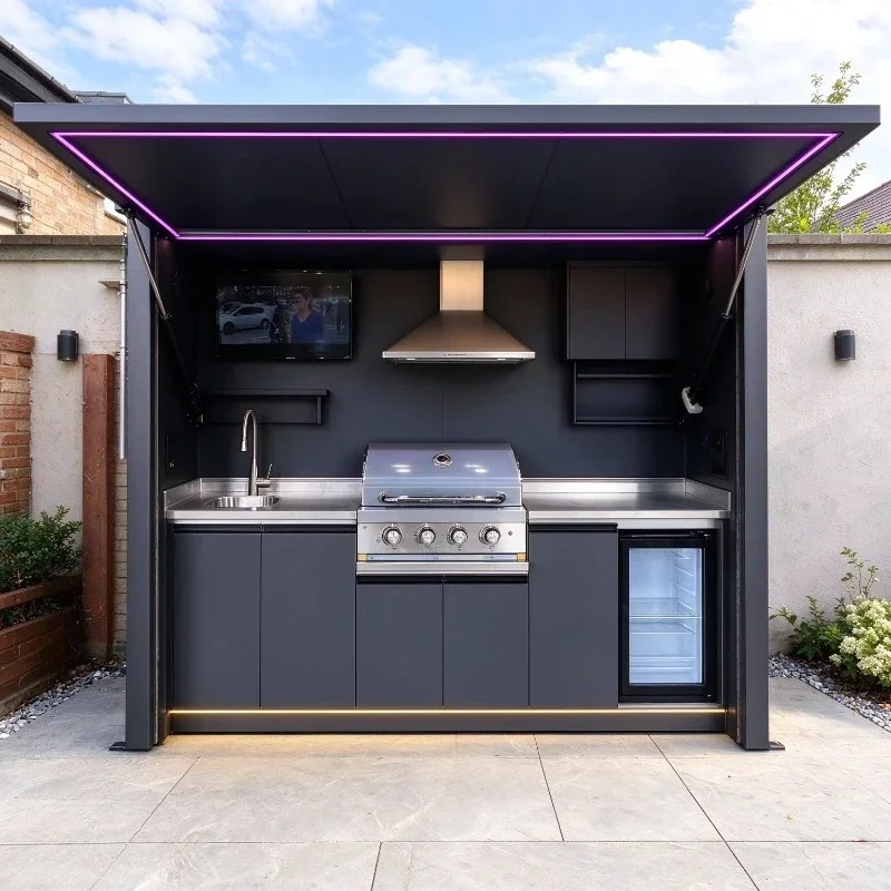 Custom Outdoor Bar Kitchen Cabinet with Grill, Sink, Serving Counter & Glass Door Refrigerator