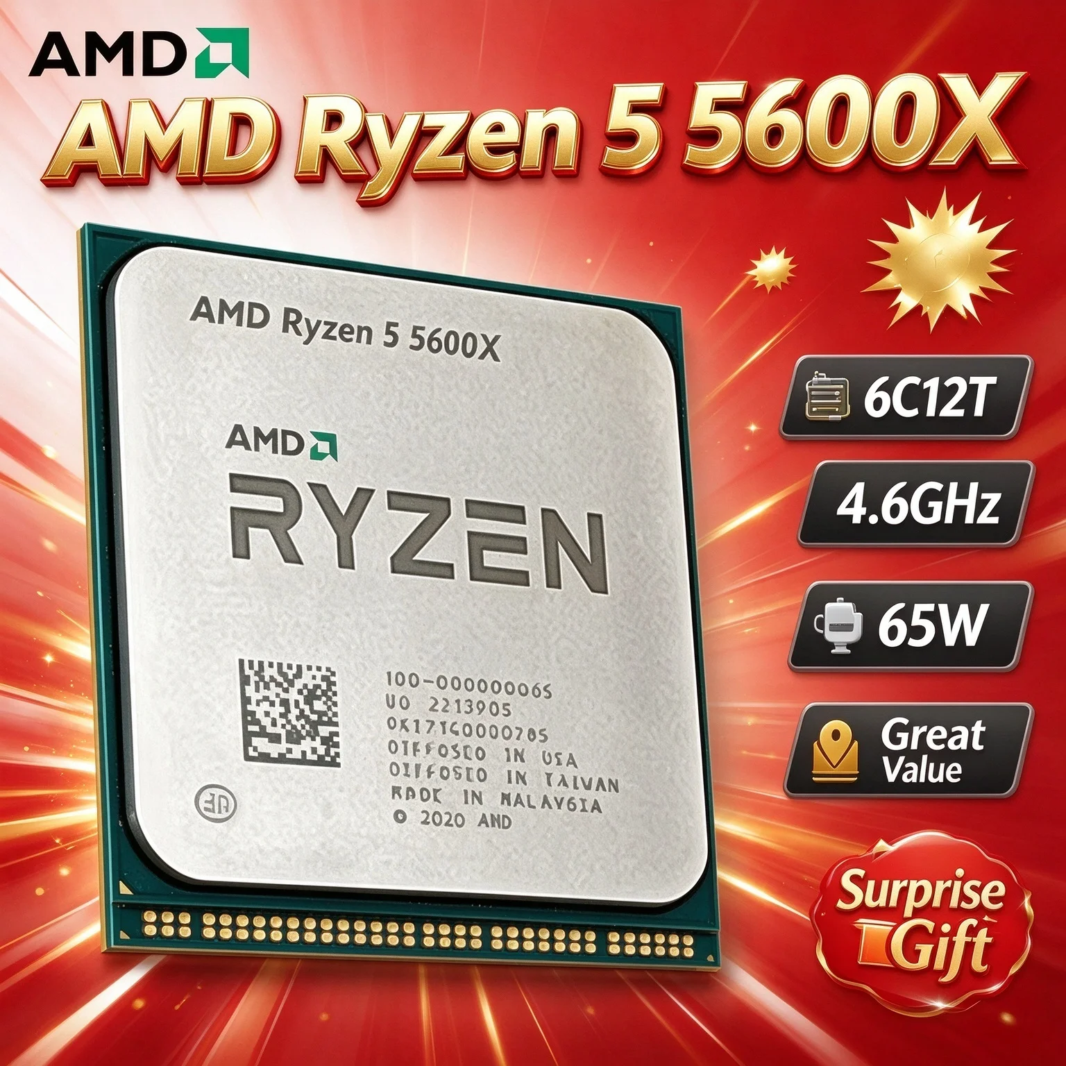 Gaming CPU Without Package NEW AMD Ryzen 5 5600X CPU 6-Core 12-Thread 4.6GHz Unlocked Desktop Processor Socket AM4