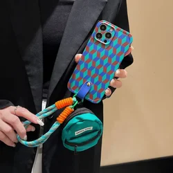 New Diagonal Cross Phone Case Suitable for iPhone 15Promax Peacock Blue 14 Coin Purse 13 Handheld Rope 12 Soft Protective Cover