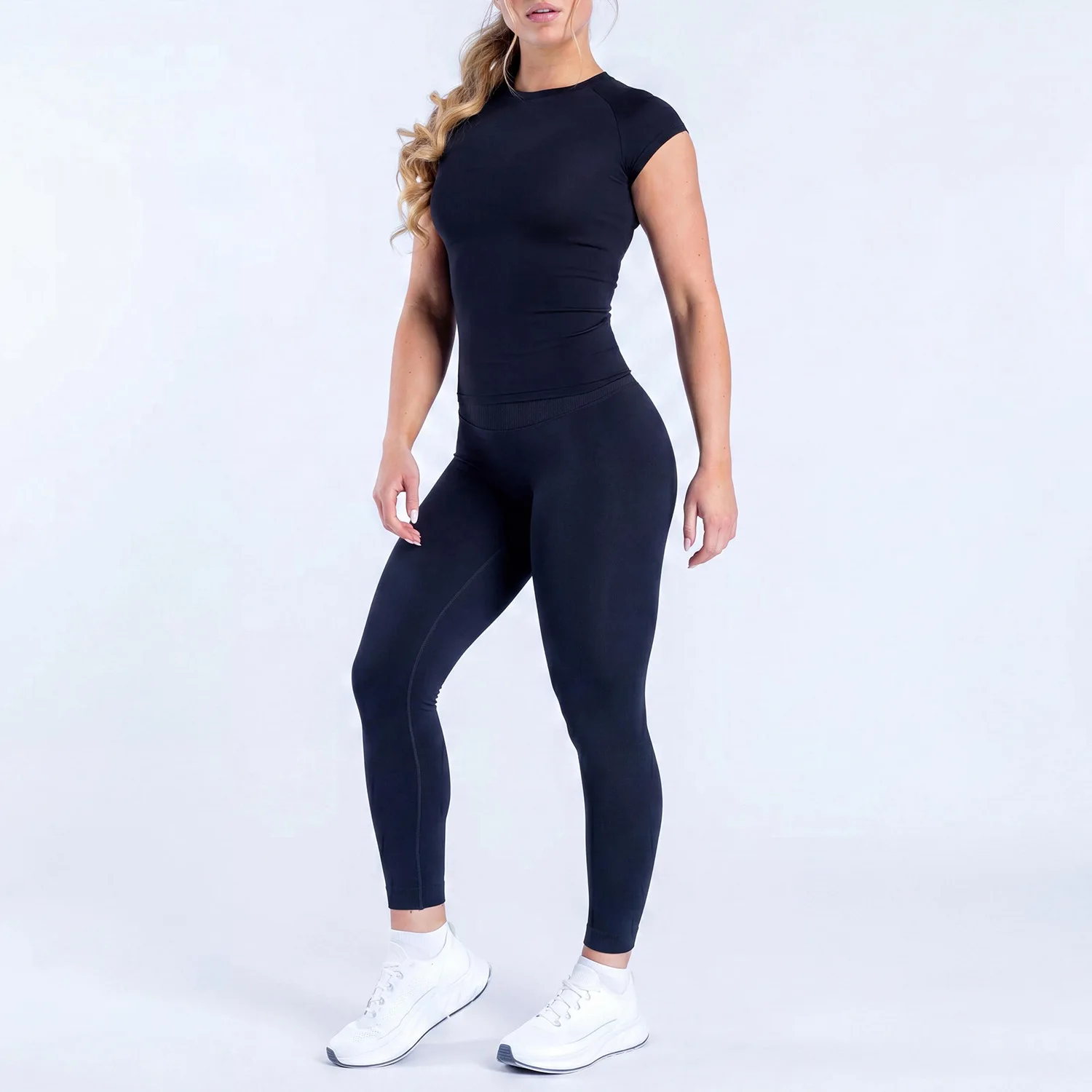 WAREBALL Damen 2-Teiliges Nahtloses Fitness-Outfit Kurzarm-Oberteil Hochgeschnittene Leggings Gym Workout Sportbekleidung Yoga-Set – Detail 9