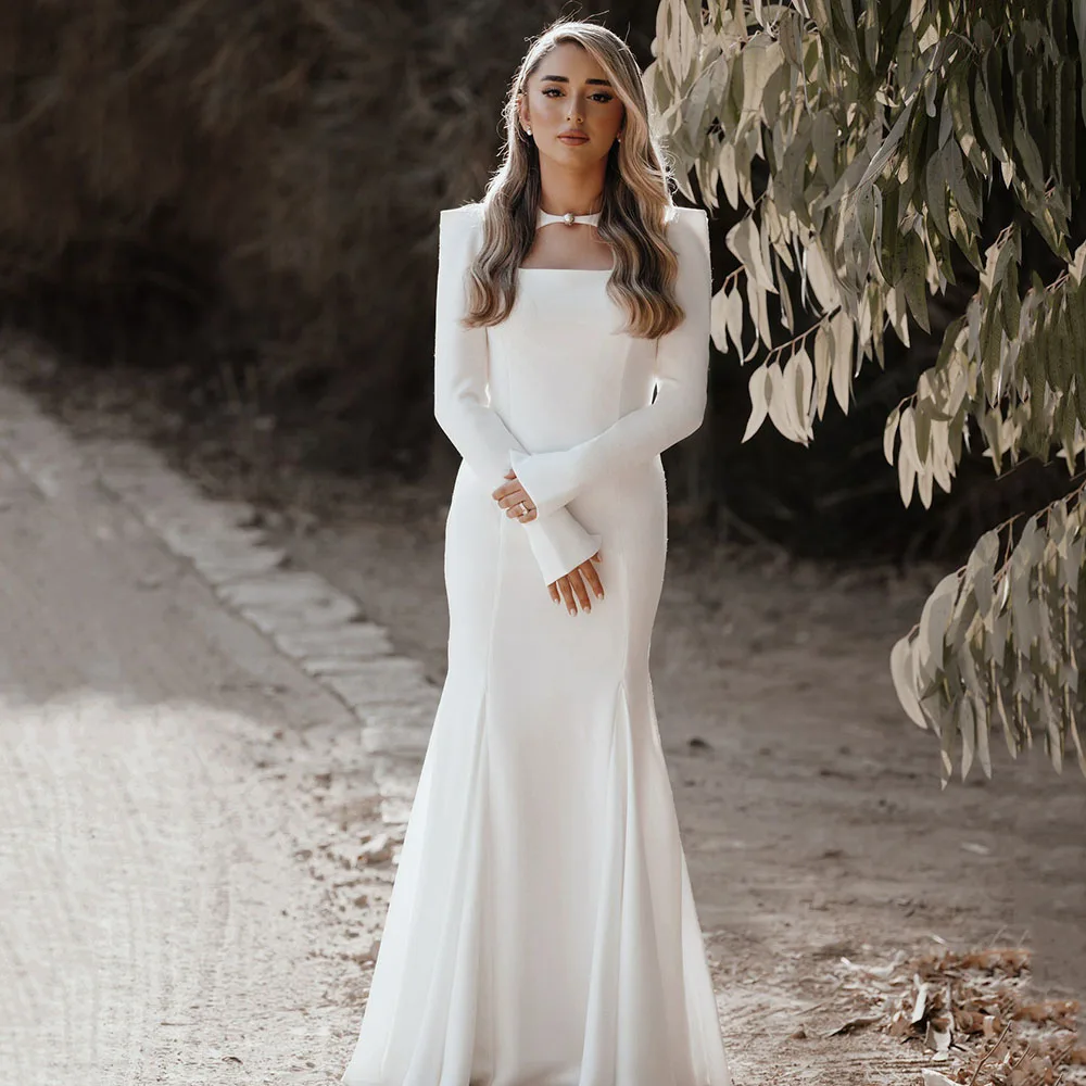 

Elegant Long Sleeve Mermaid Wedding Dress 2025 Arabic Celebrity Bride Dress Women Modest Wedding Bridal Gown Parties Customized