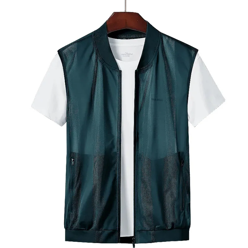New Men's Breathable Mesh Stand Collar Vest Hollow Out Design Multi Pocket Loose Outdoor Fishing Work Sports Sleeveless Vest