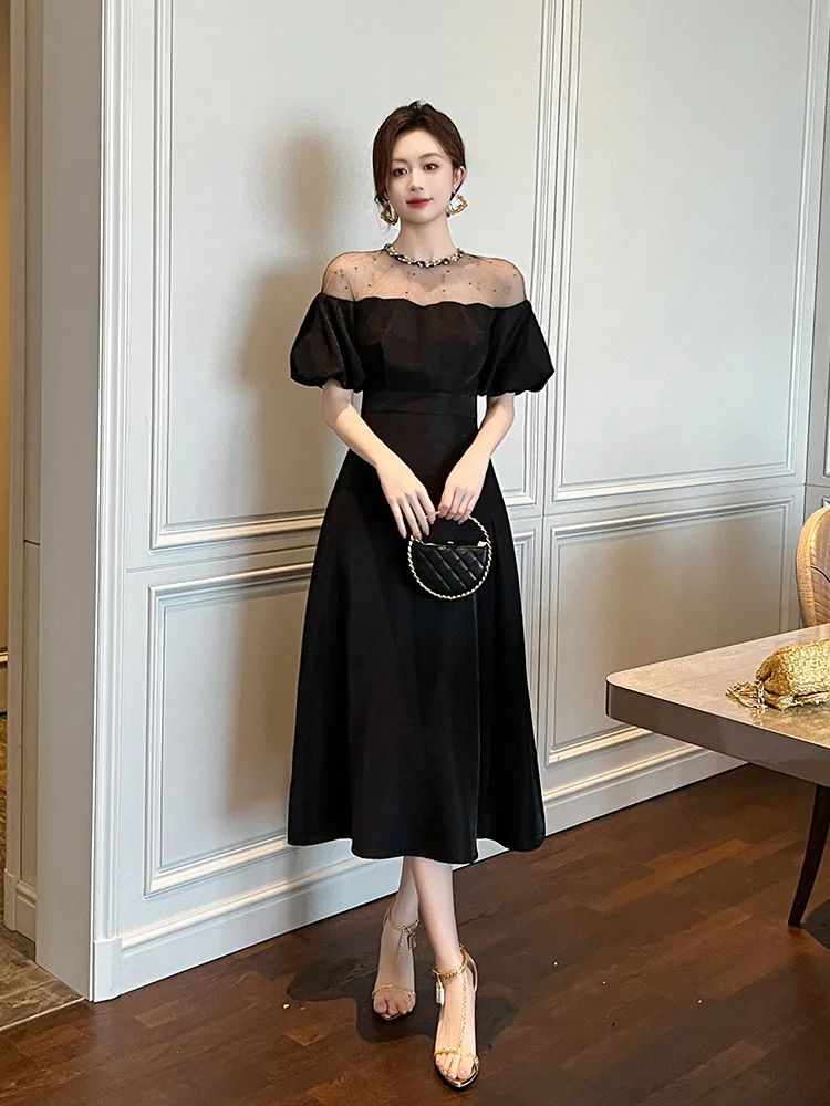 A-Leibniz - Hepburn style, temperament, long dress, summer, new, women's, celebrity, waist, swing black dresses