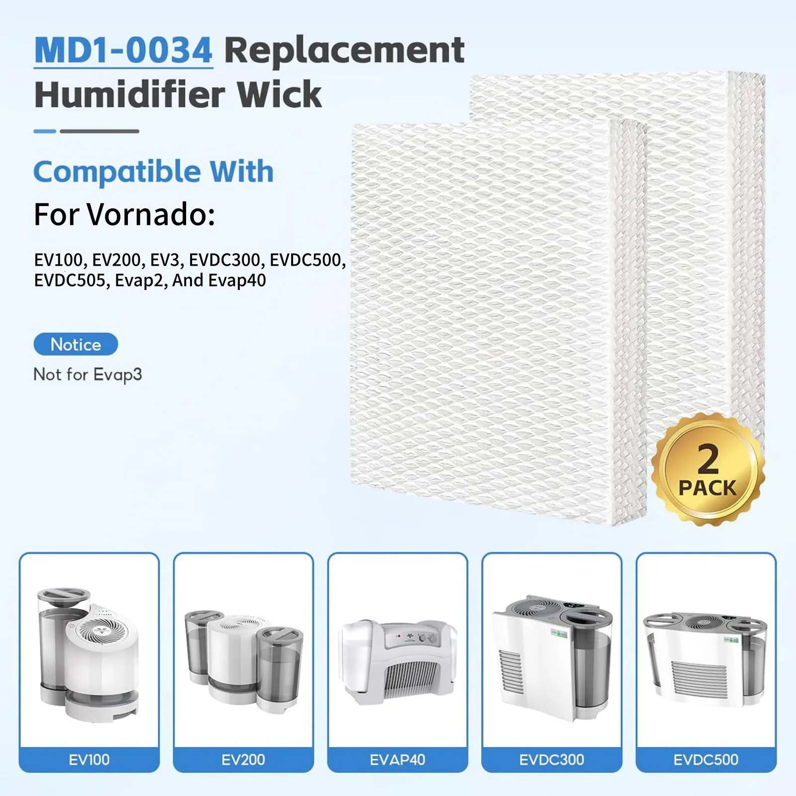 2 Pack MD1-0034 Humidifier Wick Pad Filter Replacement for Vornado EV100 EV200 EV3 EVDC300 EVDC500 Evap2 Evap40