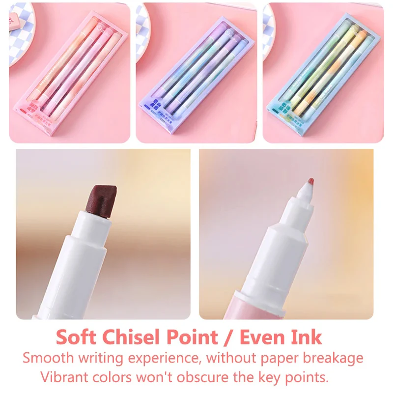 4Pcs/Set Dual Tip Highlighters Oblique & Fine Tip Markers Quick Dry Aesthetic Stationery for Students Doodle Journal Planner Use