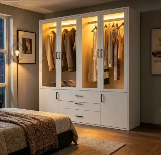 Armadio bianco Fangange, con ante a battente, 2 ante con specchio e 4 cassetti, mobile contenitore con asta appendiabiti, mobile per la camera da letto, mobile multifunzionale per la camera da letto o