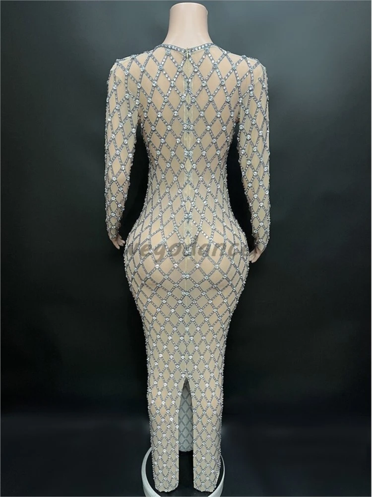 New Fashion Rhinestones Women's Tight Evening Gown Long Sleeve Long Dress