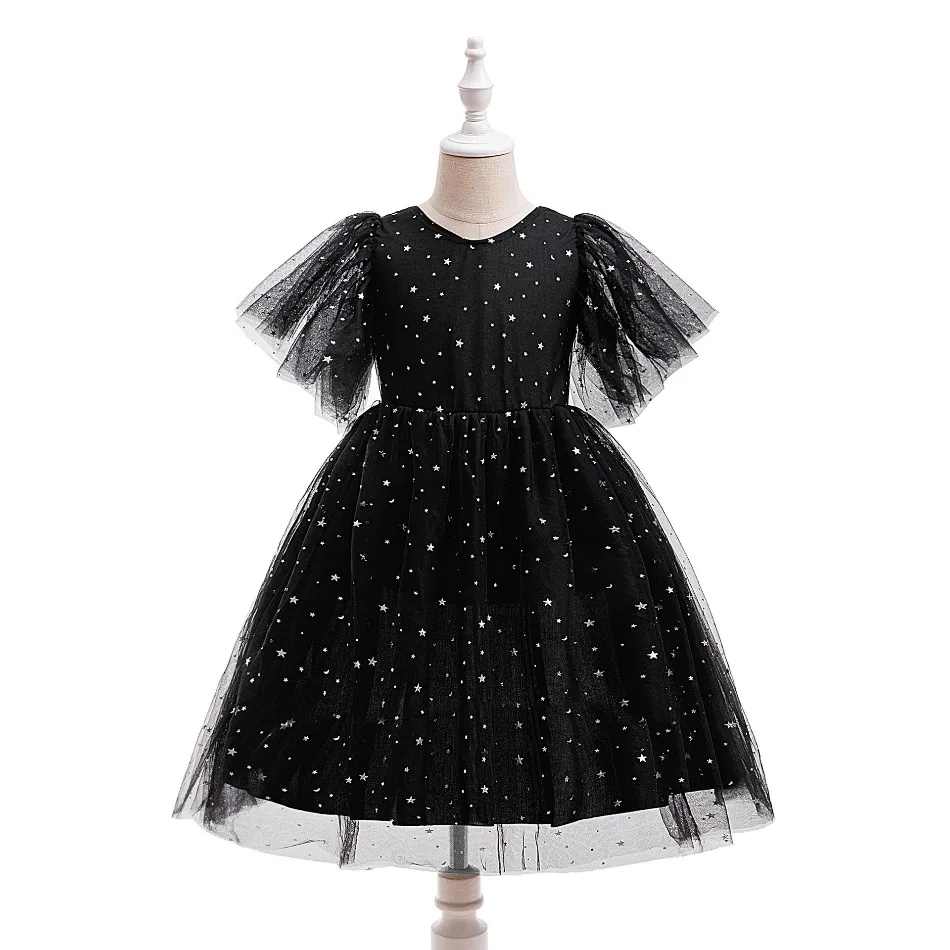 Girls Black Star Print Puff Sleeve Tulle Dress Kids Sparkle Long Gown Birthday Piano Recital Evening Party Dance Costume ASQ03