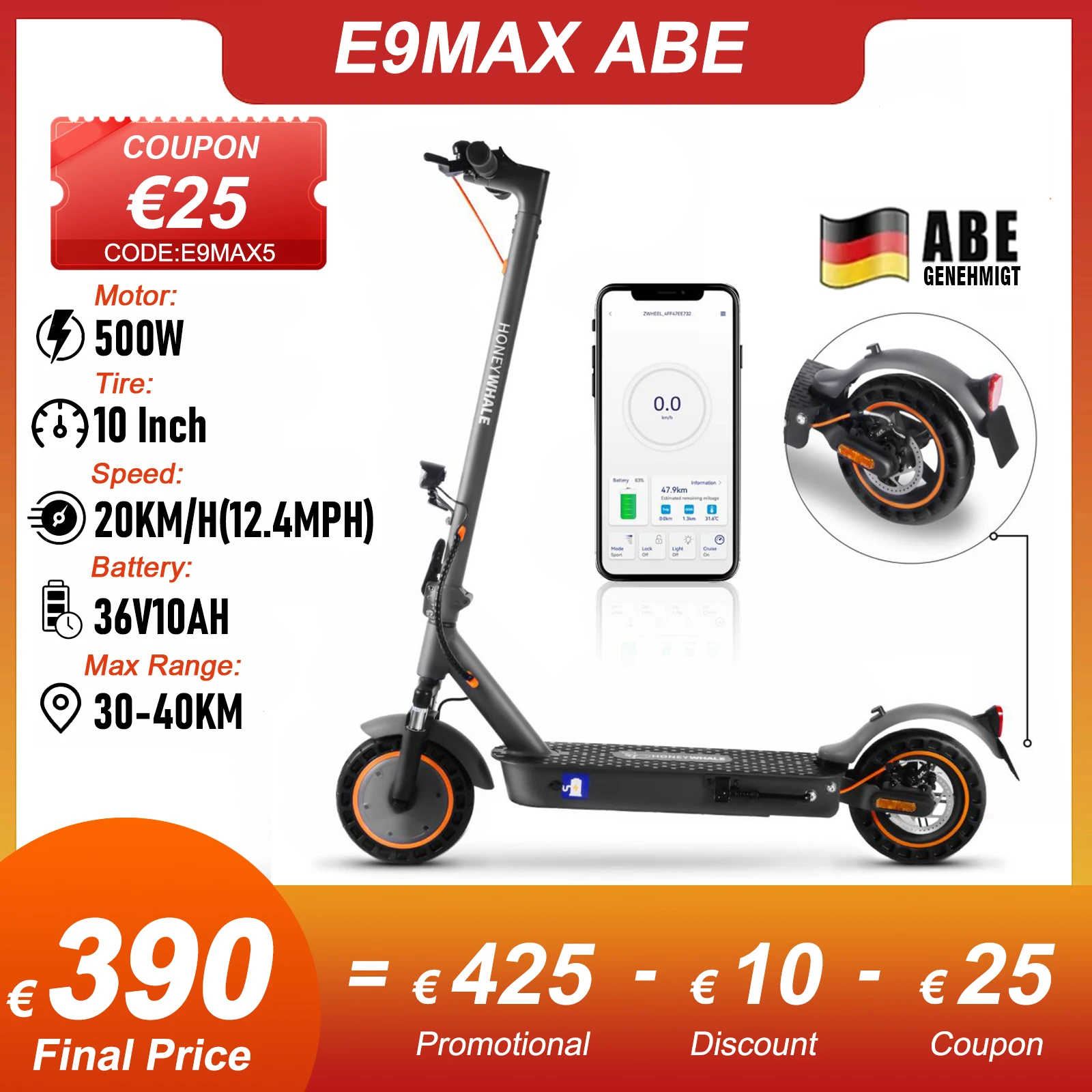 Honey Whale E9 Max ABE Electric Scooter For Adults 10 Inch 20 KM/H Foldable Scooter 500W Motor 10AH Battery 40KM Electric Scooter