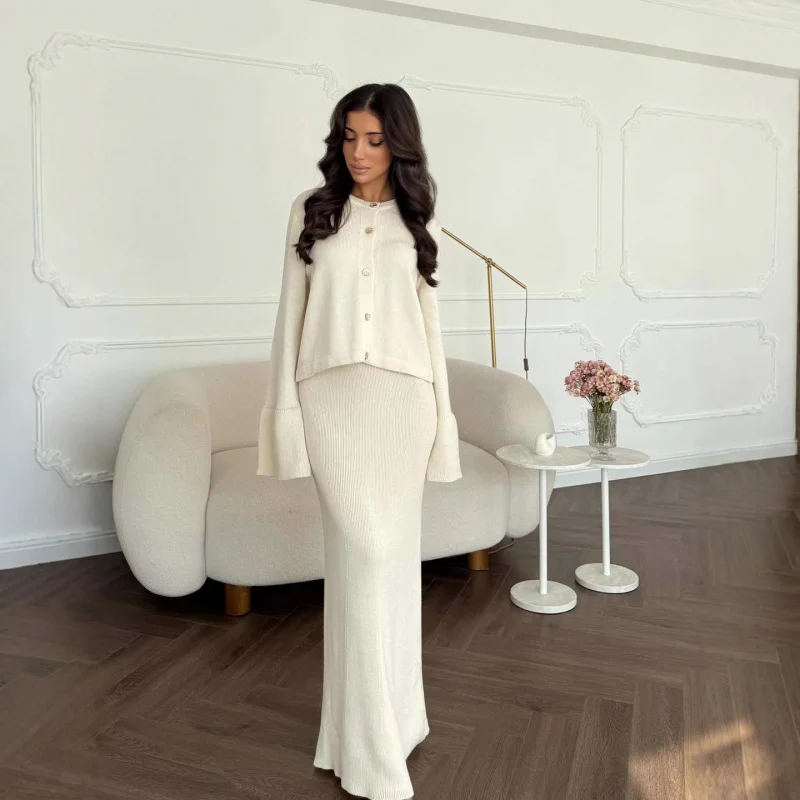 

European and American Women's Fashion2025Autumn New Round Neck Button Cardigan Coat Knitted Sweater Dress