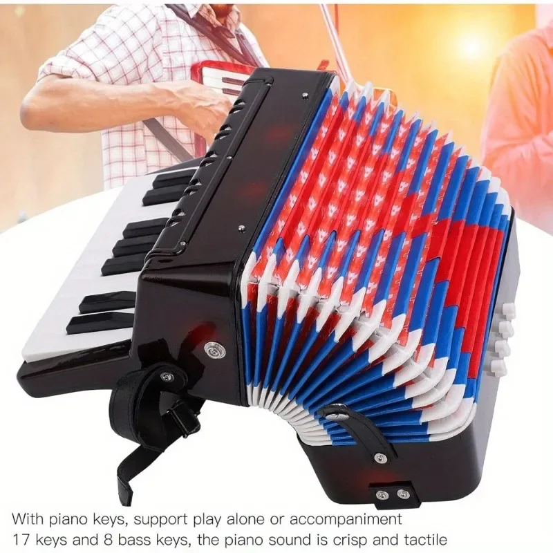 17-Key Piano Accordion-Beginner-Friendly Musical Instrument with 8 Bass,Hand Keyboard, Rhythm Training, Spring Instrument