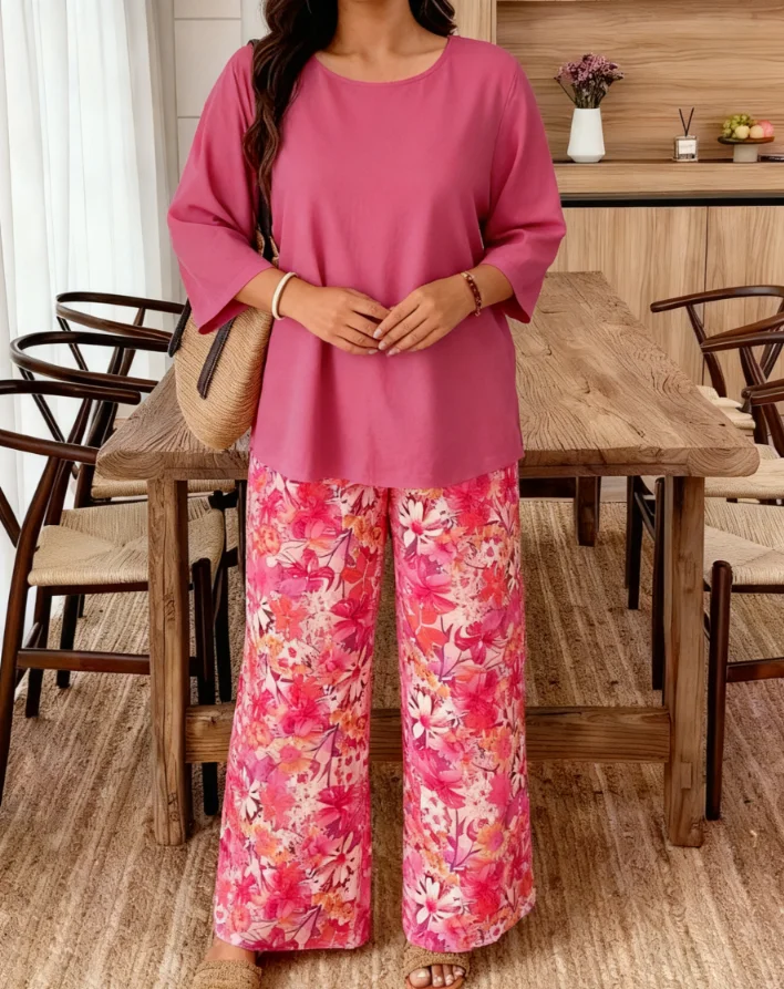 Abito Boho Chic taglie forti: camicetta elegante con maniche fluide e palazzos floreali, set da salotto alla moda da donna per gita