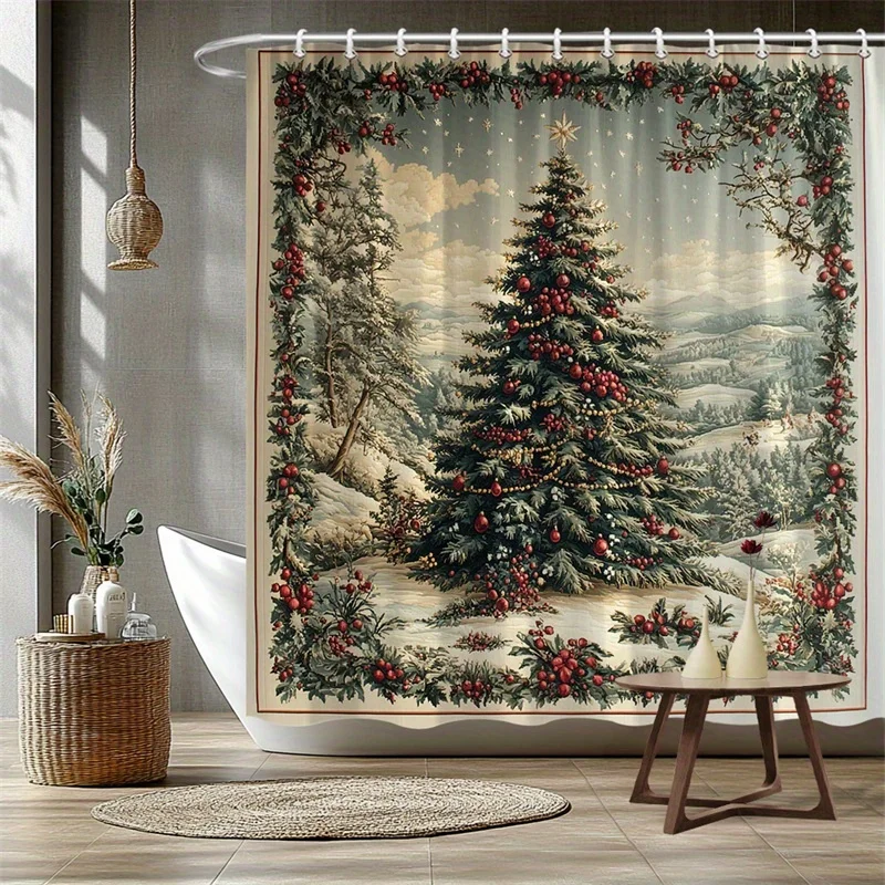 1pc Vintage Christmas Shower Curtain, Snow Covered Tree with Red & Gold Ornaments, Golden Star & Winter Village Scene