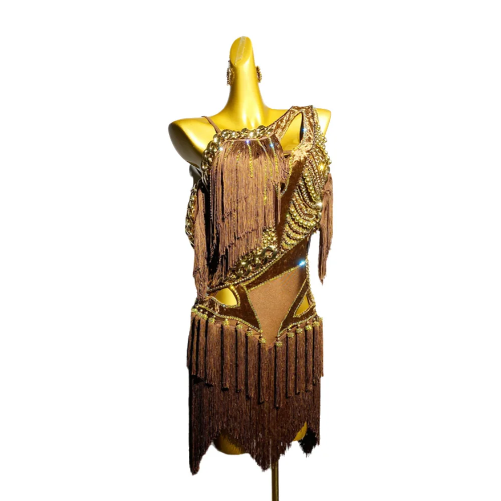 Bailarina latina, vestido de borla de perlas doradas personalizado de alta gama para adultos y niños, vestido de actuación de piedra Tango Samba AB