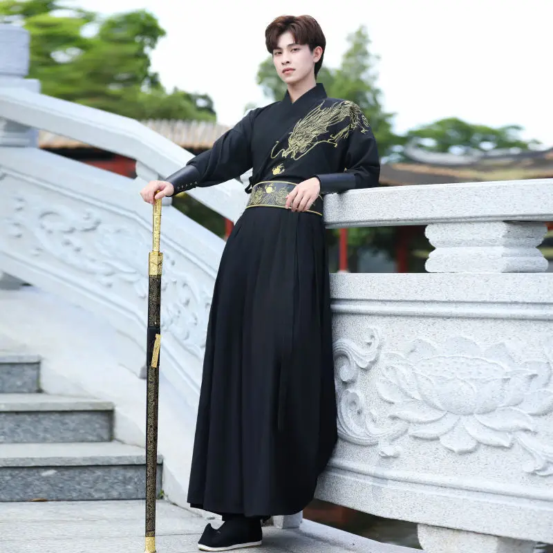 Autumn Handsome Black Dragon Embroidered Samurai Hanfu Dresses Chinese for Men Japanese Samurai Swordsman Party Cosplay Costumes