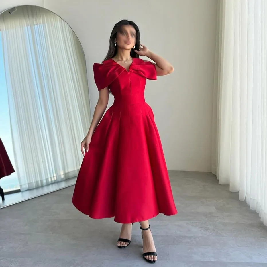 

ROYET Classic Elegant A Line Formal Prom Gown O Neck Short Sleeve Tea Length Stain Simple Style Evening Dress Customized New