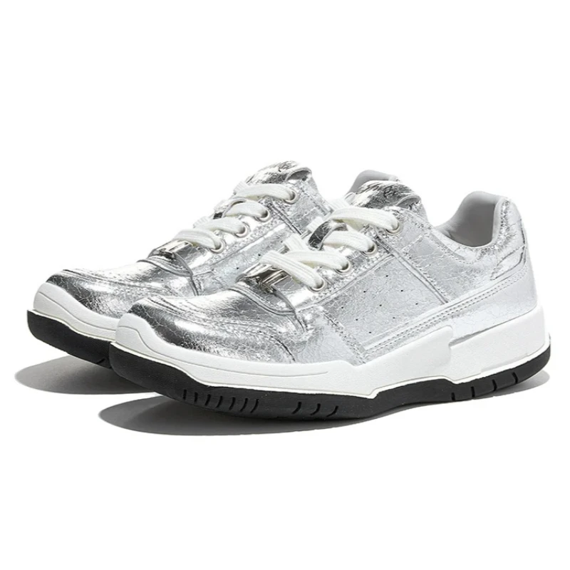 Novelty Metalized Pattern Design Sneakers Women Fashion Lace Up Thick-soled White Shoes Comfortable Light Soft Sole Casual Shoes