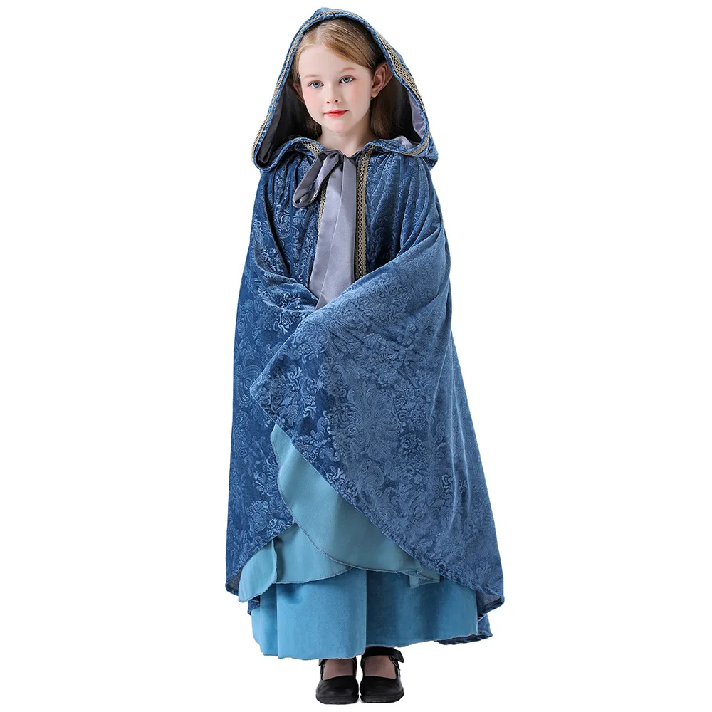 Halloween Girl's Elf Princess Cosplay Hooded Cloak Children Medieval Renaissance Court Performance Outfit Carnival Stage Dress