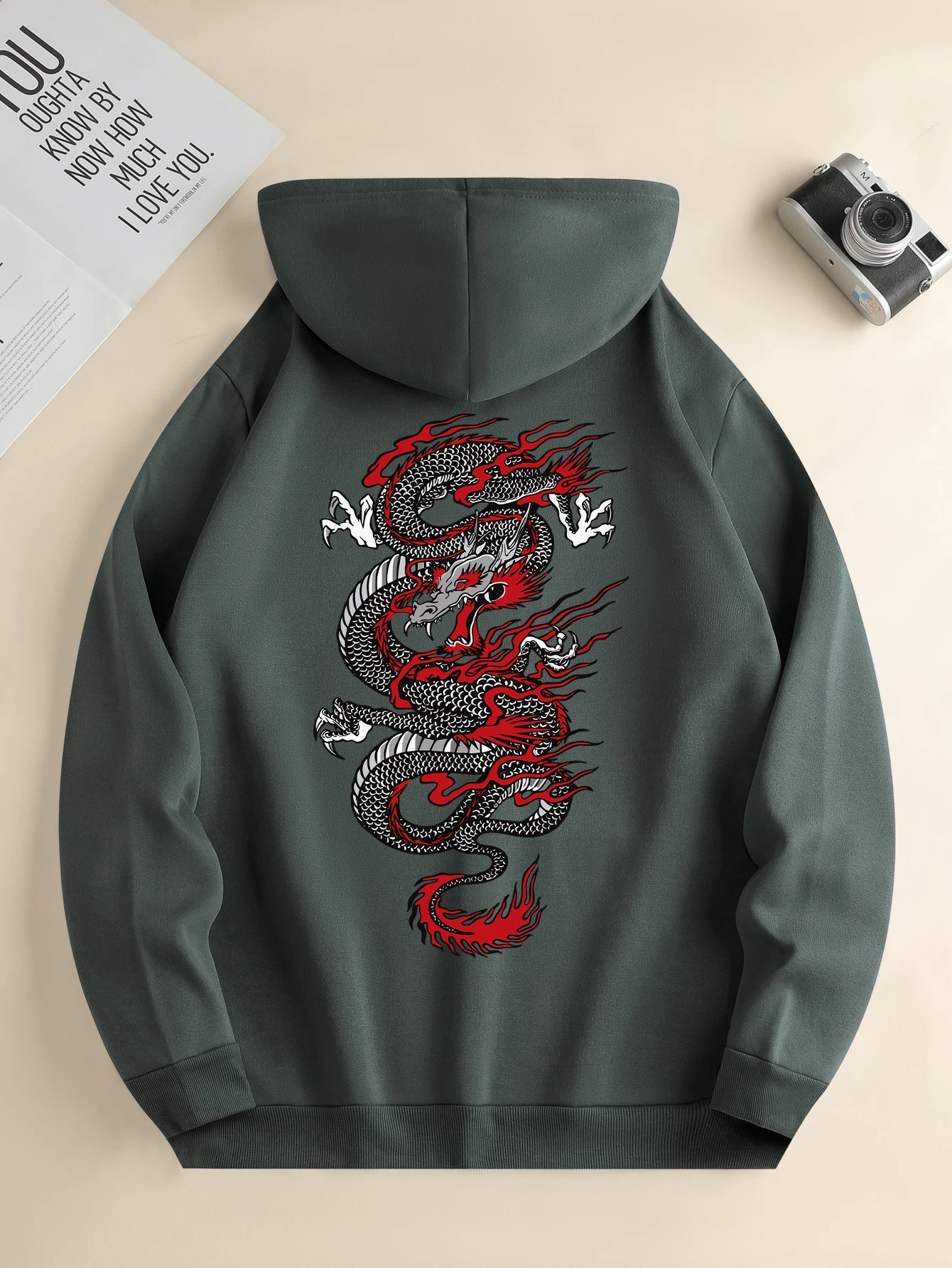 Men\'s new fashion hoodie, casual daily drawstring hooded sweatshirt dragon print, front kangaroo pocket, men\'s jacket