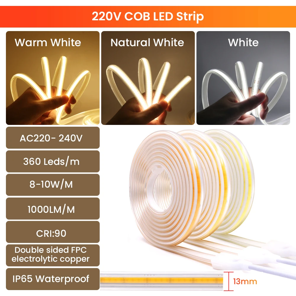 Tira de luces LED COB regulable de 220V, cinta de luz COB Flexible impermeable de 360LEDs/m, 3000K, 4000K, 6000K, con enchufe europeo