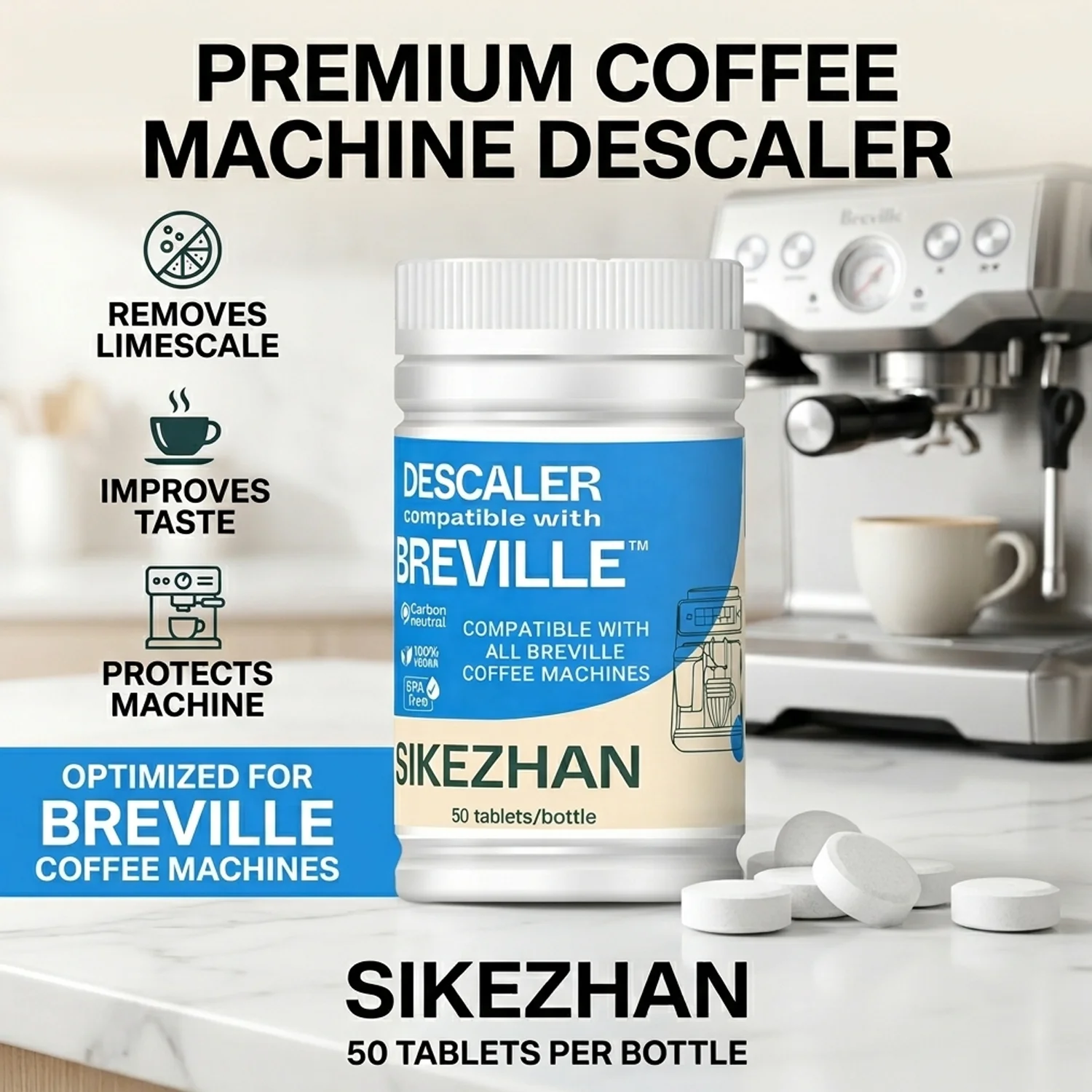 50 Tabletas Limpiadoras para Cafeteras, Descalcificación Profunda, Compatibles con Máquinas de Espresso Breville, Precision Clean, Barista Express y Touch
