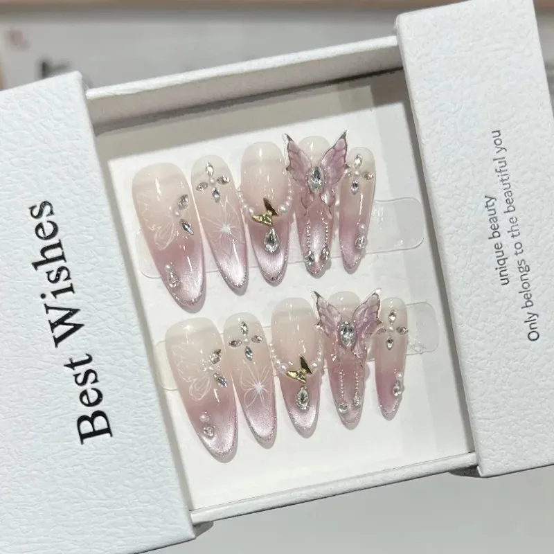 

10pcs Pink Cat Eye False Nails 3D Butterfly Fake Nails Diamond Pearl Press on Nails Gradient French Glue on Nail Almond Nail Art