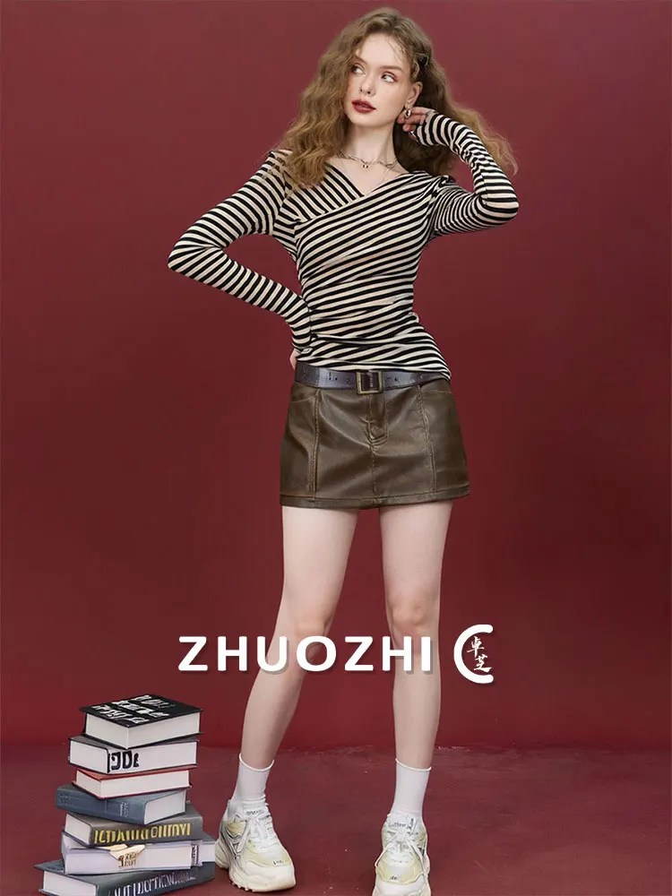 

Новая зимняя футболка ZhuoZhi с длинным рукавом, в полоску, на одно плечо, облегающая, с цветовыми блоками, во французском стиле, влагоотводящая