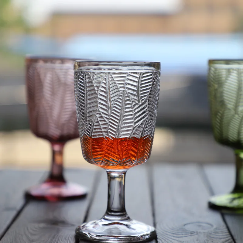 330ml Colorful Glass Leaf Cups Tall Foot Decorative Cup Foreign Trade Juice Cup European Style Relief Red Wine Cup LEAF Wine Cup