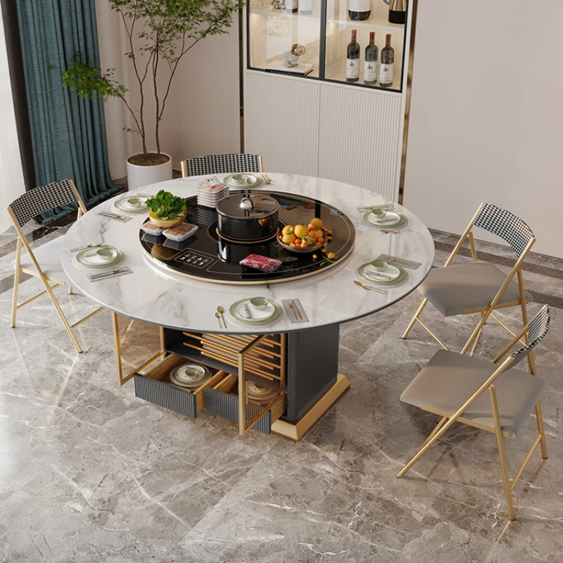 

Rock dining table is light and luxurious, modern and simple, small household round retractable folding rotating multifunctional