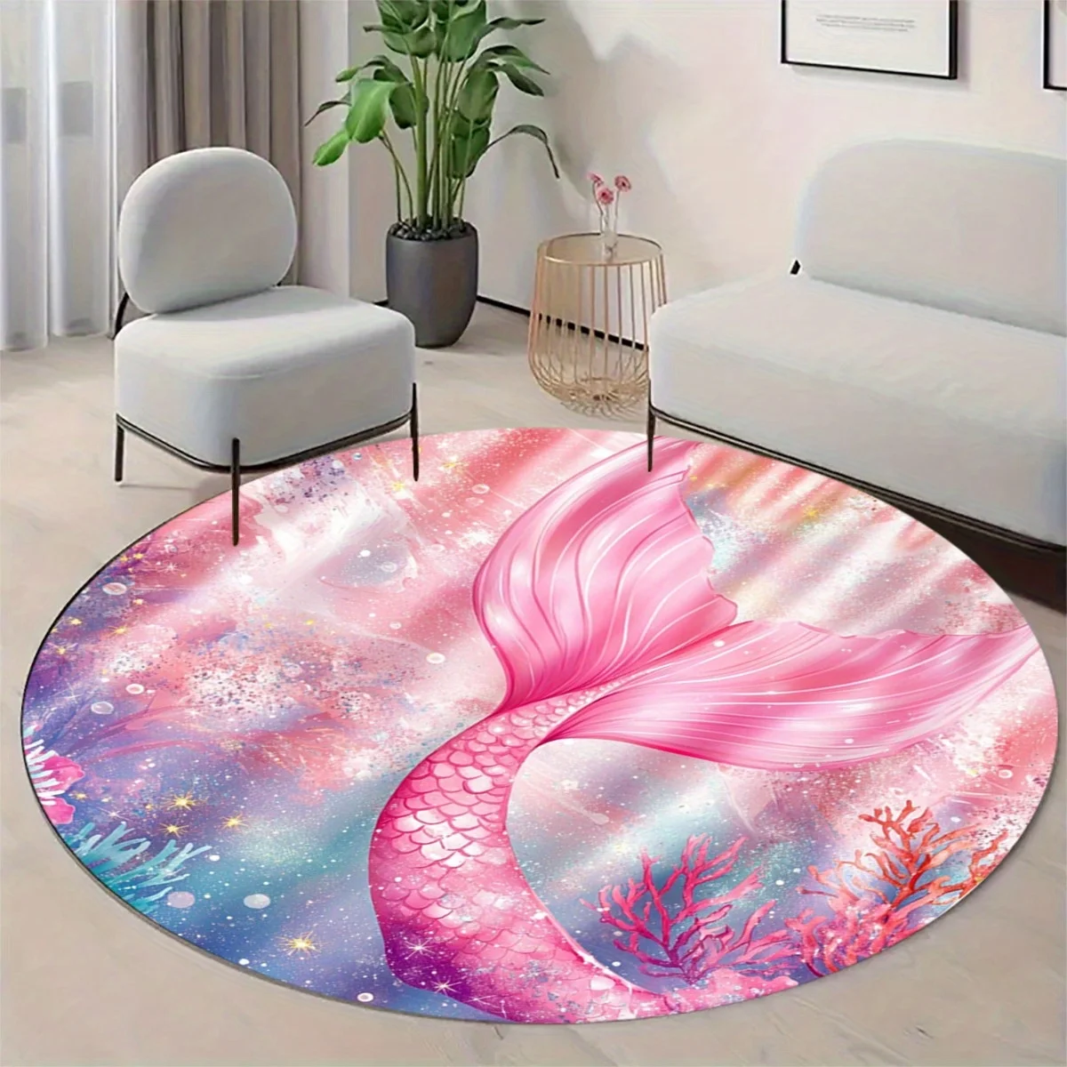 Mermaid Tail Galaxy Round Rug Flannel Underwater Fantasy Floor Mat for Kids Room Princess Theme Decor Area Carpet