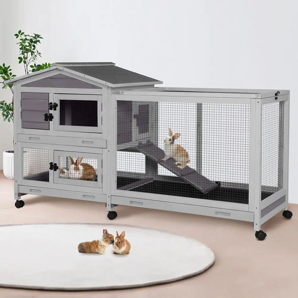 

Вольер для кроликов 62 - Устойчивый к погодным условиям, двухэтажный, с блокируемыми колесами, двойными поддонами (серый)