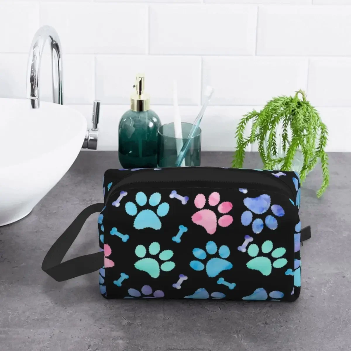 Custom Paw Print Dog Watercolor Pattern Travel Cosmetic Bag Women Akita Makeup Toiletry Organizer Ladies Beauty Storage Dopp Kit