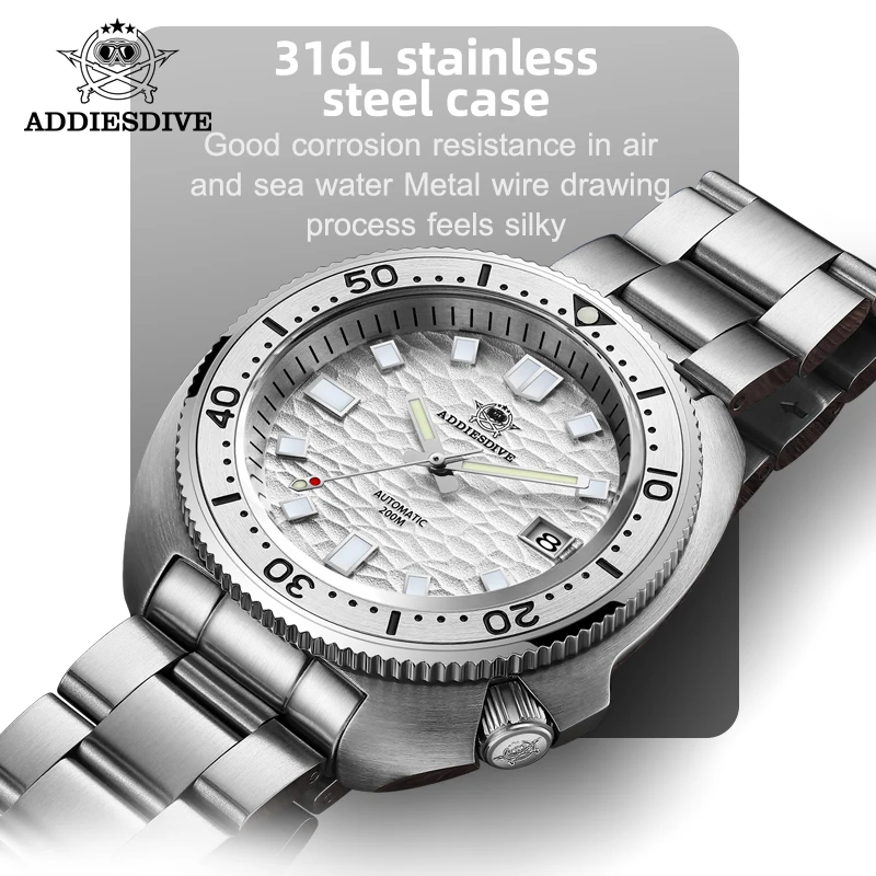 ADDIESDIVE Man Automatic Mechanical Watch Top Brand Silver Casual Stainless Steel 200m Waterproof Sapphire Glass Luminous Watch