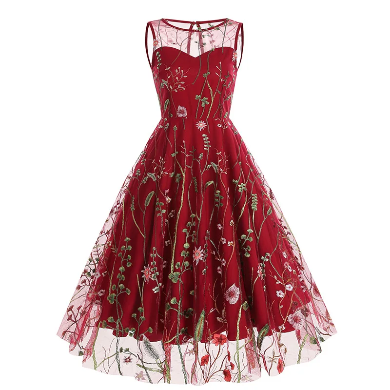 Round neck sleeveless heavy embroidery dress 50S elegant retro dress