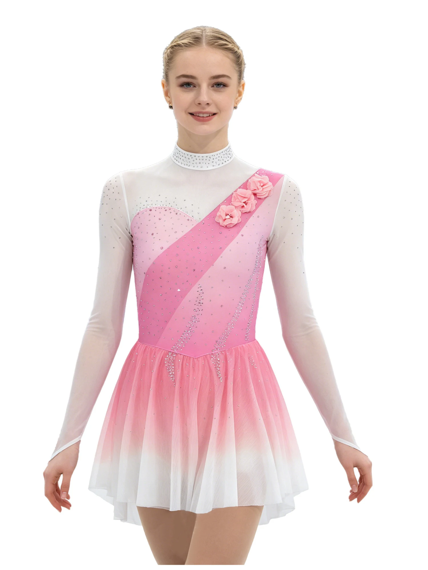 Womens Figure Ice Skating Dress Artistic Gymnastics Costume 3D Flower Applique Rhinestone Long Sleeve Mesh Ballet Dance Leotard
