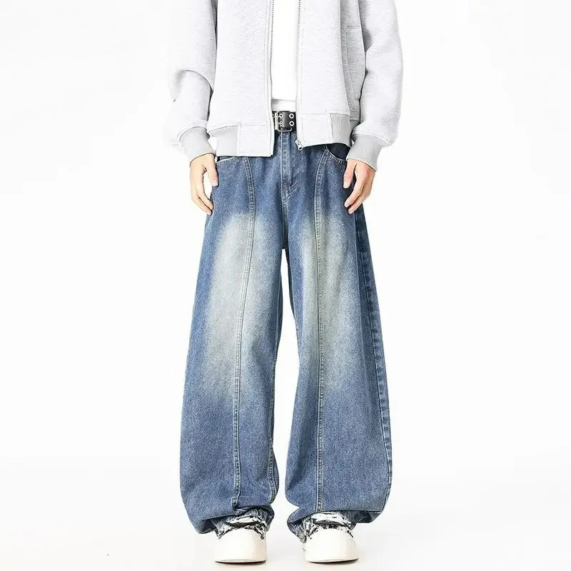 

Свободные прямые мужские джинсы в корейском стиле, контрастные цвета, джинсовые брюки, уличная одежда, мешковатые джинсы, на все сезоны, новый стиль