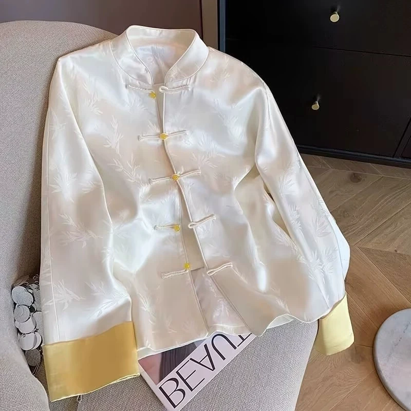 

Women New Chinese Style Coat Jacquard Satin Traditional Long Sleeve Cardigan Jacket Spring Loose Outerwear with Frog Buttons Top