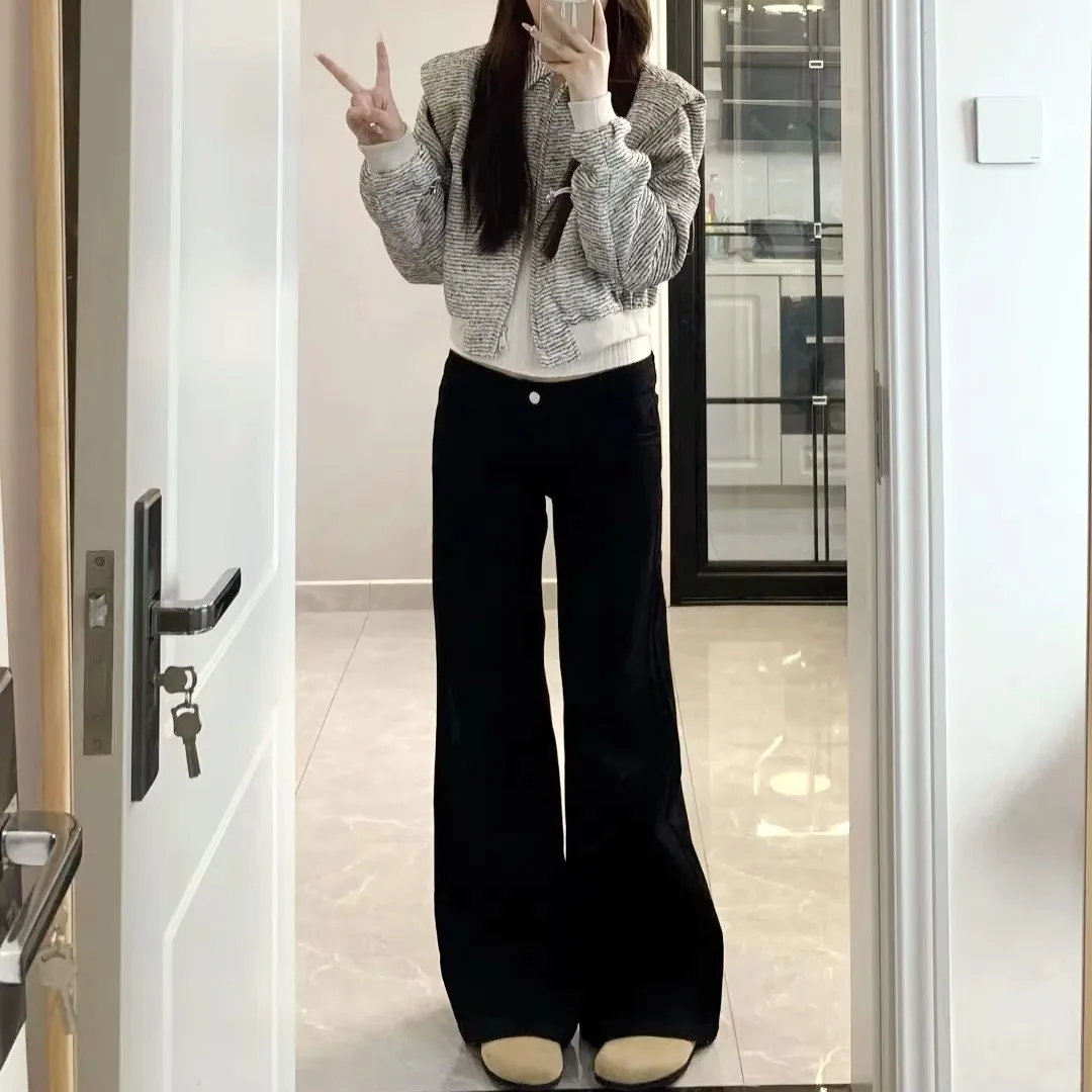 Women's Clothing Jeans Y2K Black Low-Rise Wide-Leg Flare Jeans for Women - Loose Fit Versatile Straight Leg Flare Pants