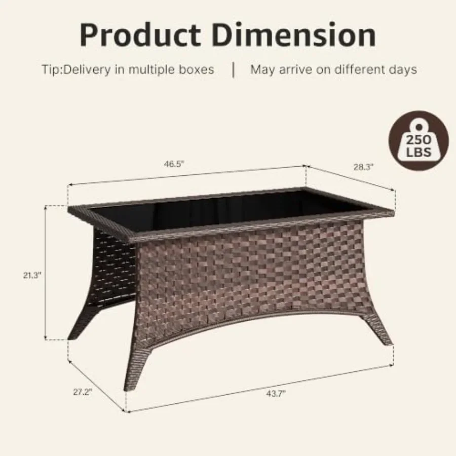 Outdoor coffee table for patio, rattan wicker with tempered glass top and 2-tier storage, brown, weather-resistant design