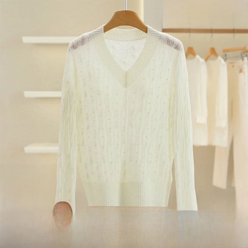 

Повседневный универсальный однотонный вязаный свитер свободного кроя с бусинами и V-образным вырезом для женщин, весенний, для работы и отдыха, длинный рукав