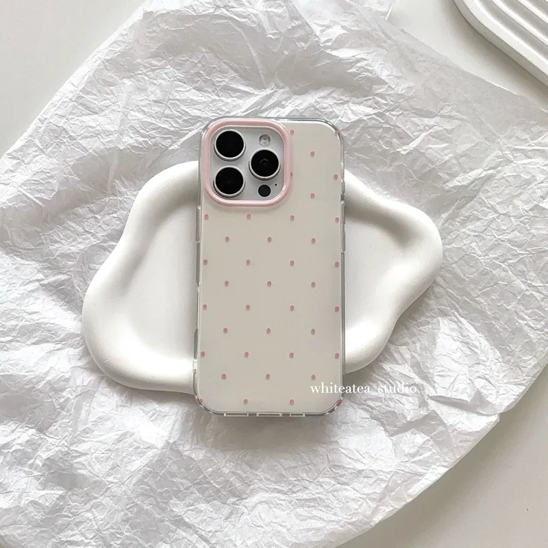 Korean Ins Minimalist Cute Cream White Pink Polka Dots Phone Case For iPhone 17 16 15 14 13 12 11 Pro MAX Plus 17air 16e Cover - view 3