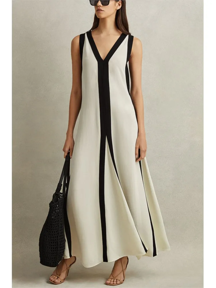 فستان طويل مثير بدون أكمام للمرأة الصيف الترفيه موضة اللون حظر فستان فضفاض السيدات أنيقة التنقل ألف خط Vestidos #1