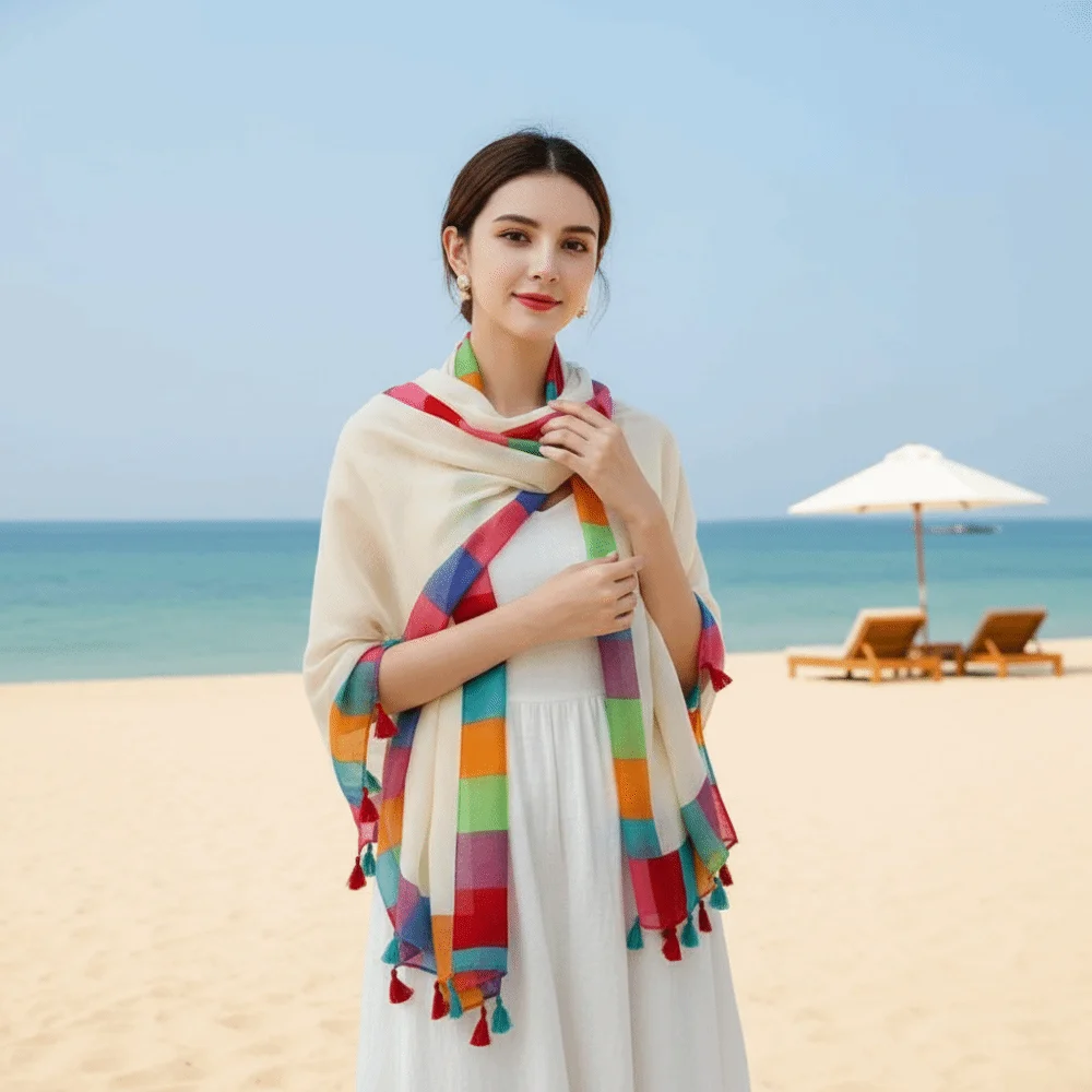 

Rainbow-Border Linen Scarf Tasseled Lightweight Summer Shawl Color-Block Boho-Style Beach Wrap Air-Conditioned House