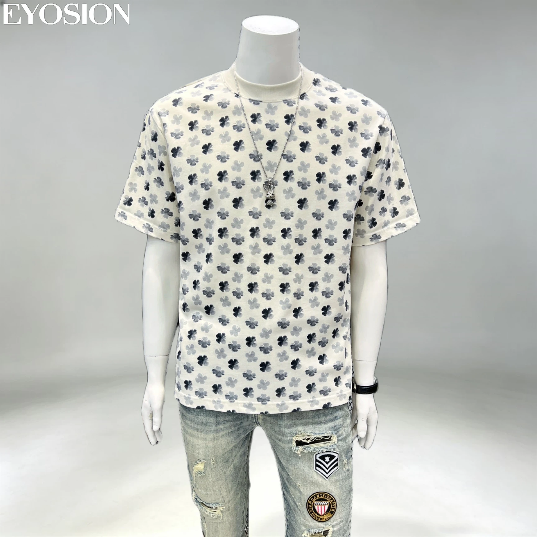 Summer Design New Men's Flower Pattern Short Sleeve T-shirt Casual Style American Retro Versatile Loose Round Neck Trendy Top