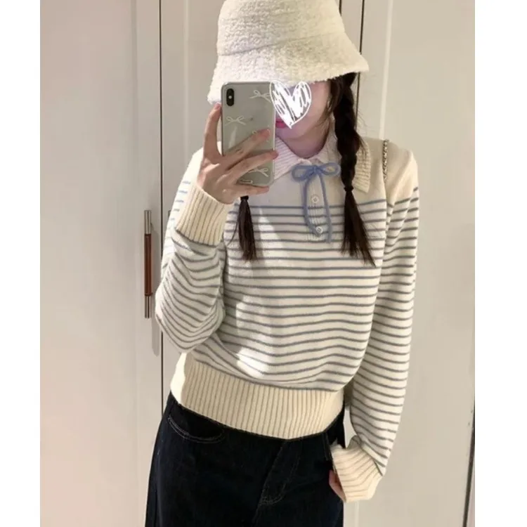 Loose Women's Knitted Sweater Stripe Collar Lazy Sle Autumn Winter Korean Version Chic Aosphere Matching Long Sve Top